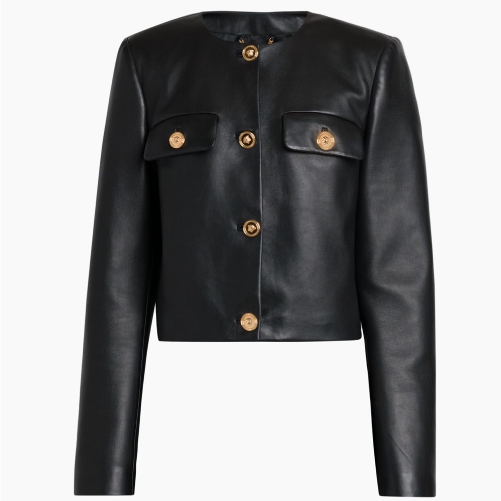 Versace Faux Leather Collarless Jacket Black Gold Women’s Size 38/US 2